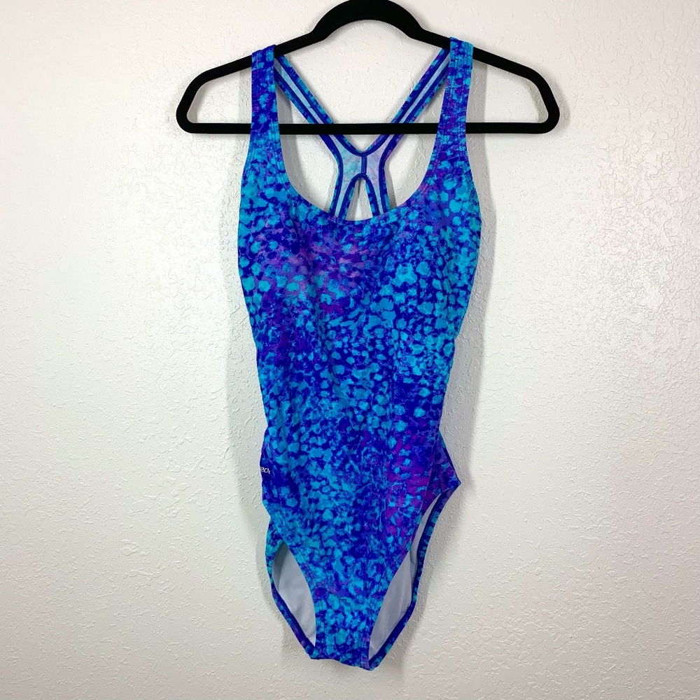 Speedo One Piece Racer Back Swimsuit, Caribbean teal with Purple and blue; sz 12